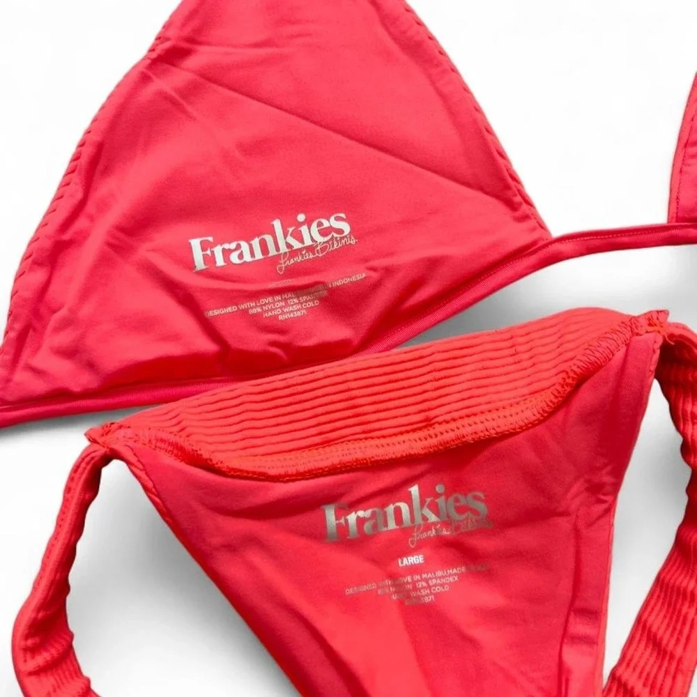 Frankies Bikinis Coral Pink Halter Bikini Set Cheeky Bottoms Sz Large Swimsuit